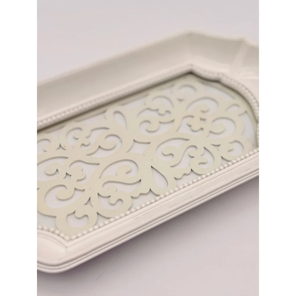 Cream White Metal Scrollwork Mirror Vanity Tray Beaded Edge French Country 15in